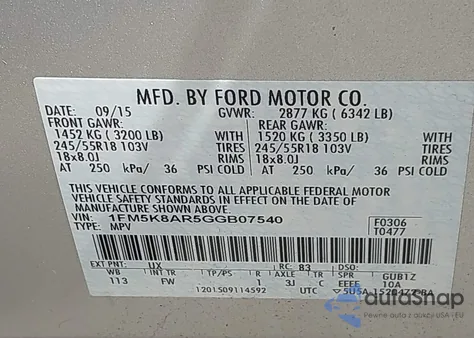 2016 Ford Police Interceptor из США, поврежденный, VIN 1FM5K8AR5GGB07540